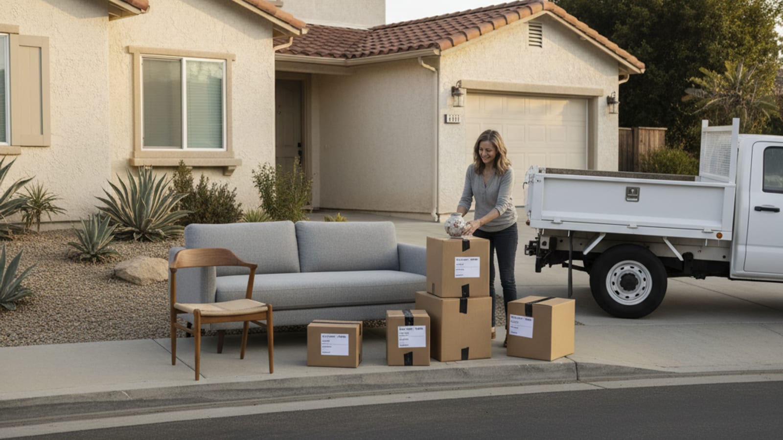 Donation boxes and a well-cared-for sofa staged on a San Diego driveway waiting for charity pickup