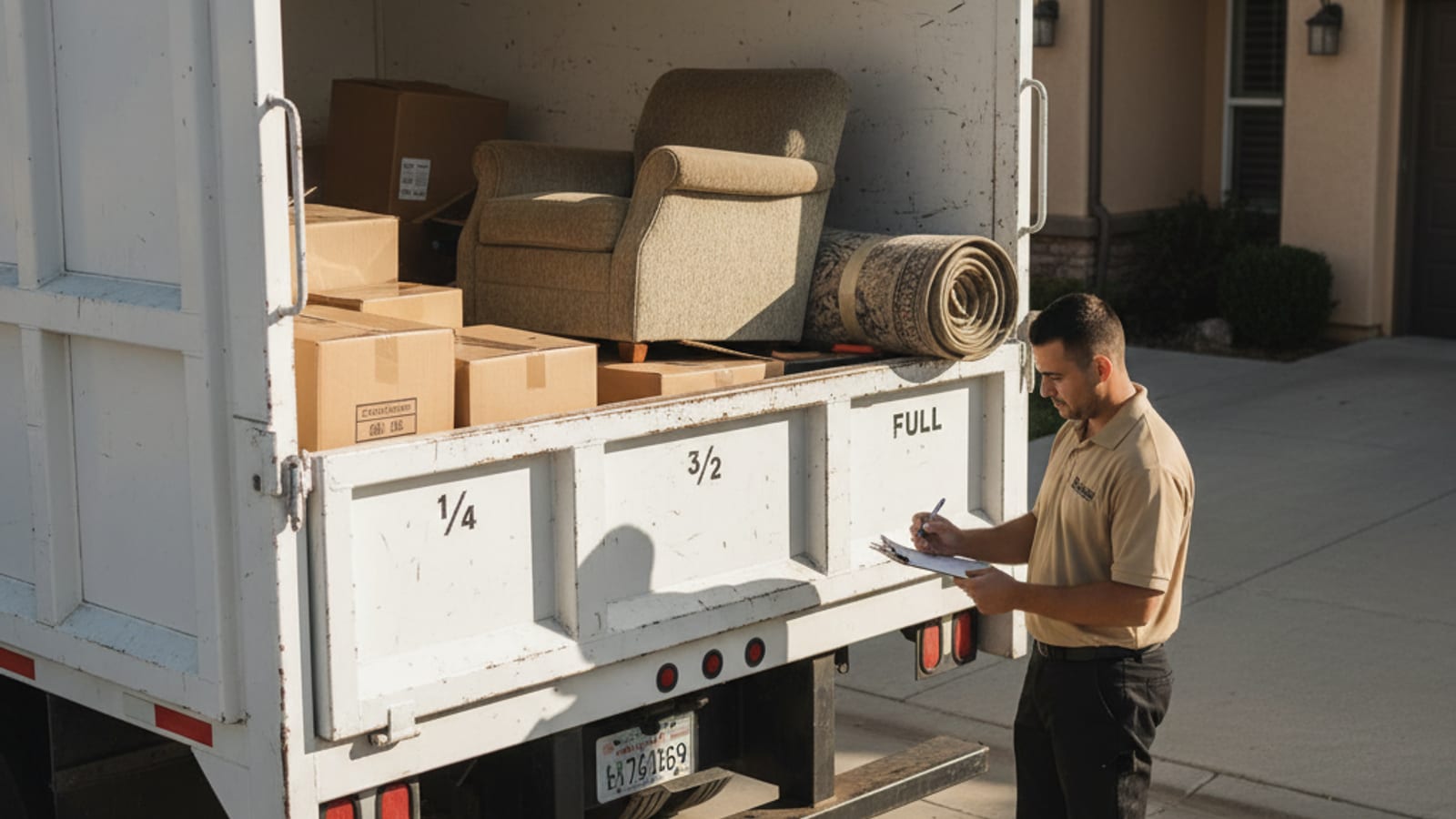 A junk removal truck loaded with household items in a San Diego driveway, ready to haul to Miramar