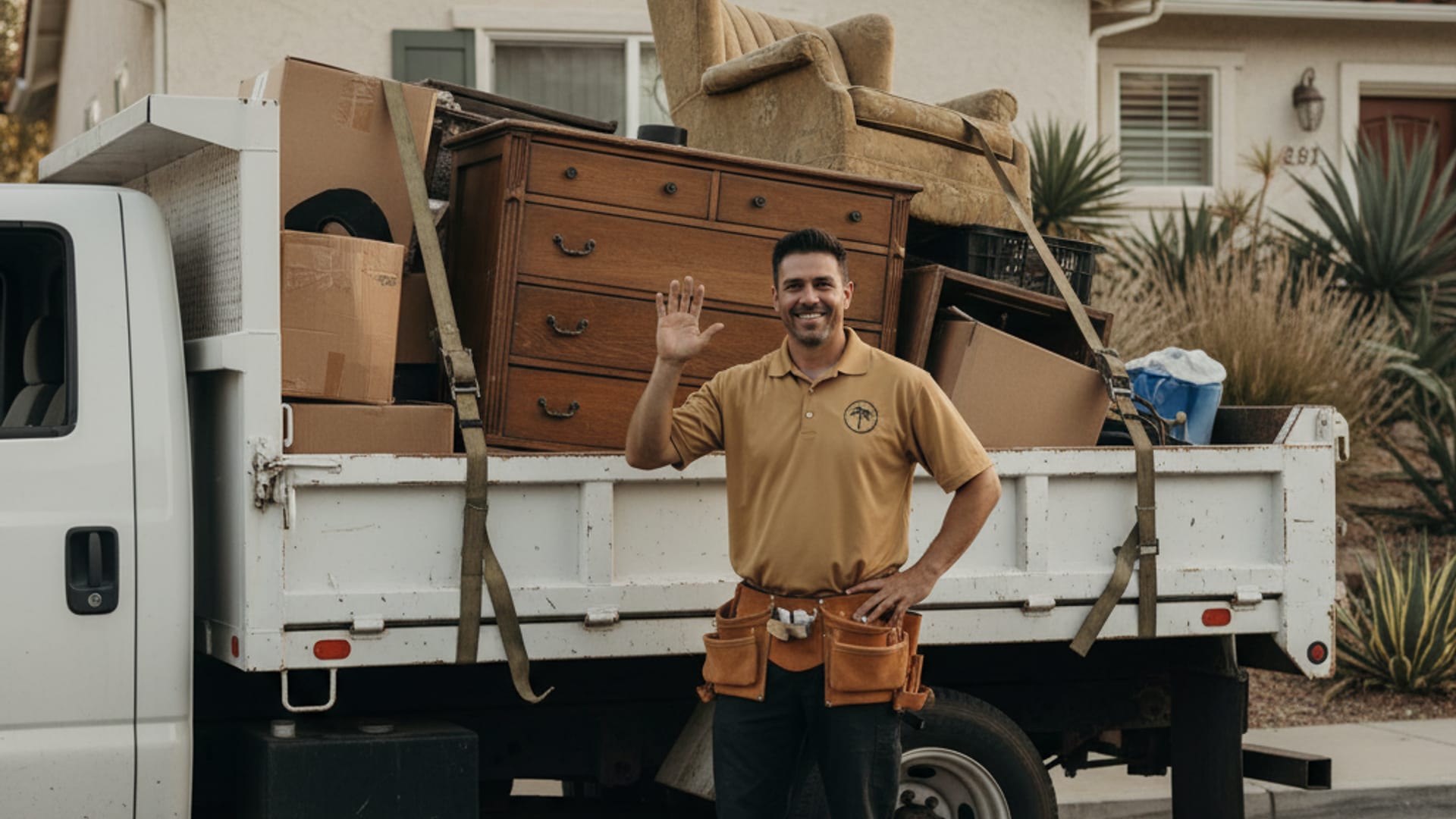 Clear Out San Diego crew member standing next to a loaded junk-removal truck, giving a friendly wave in warm afternoon San Diego light