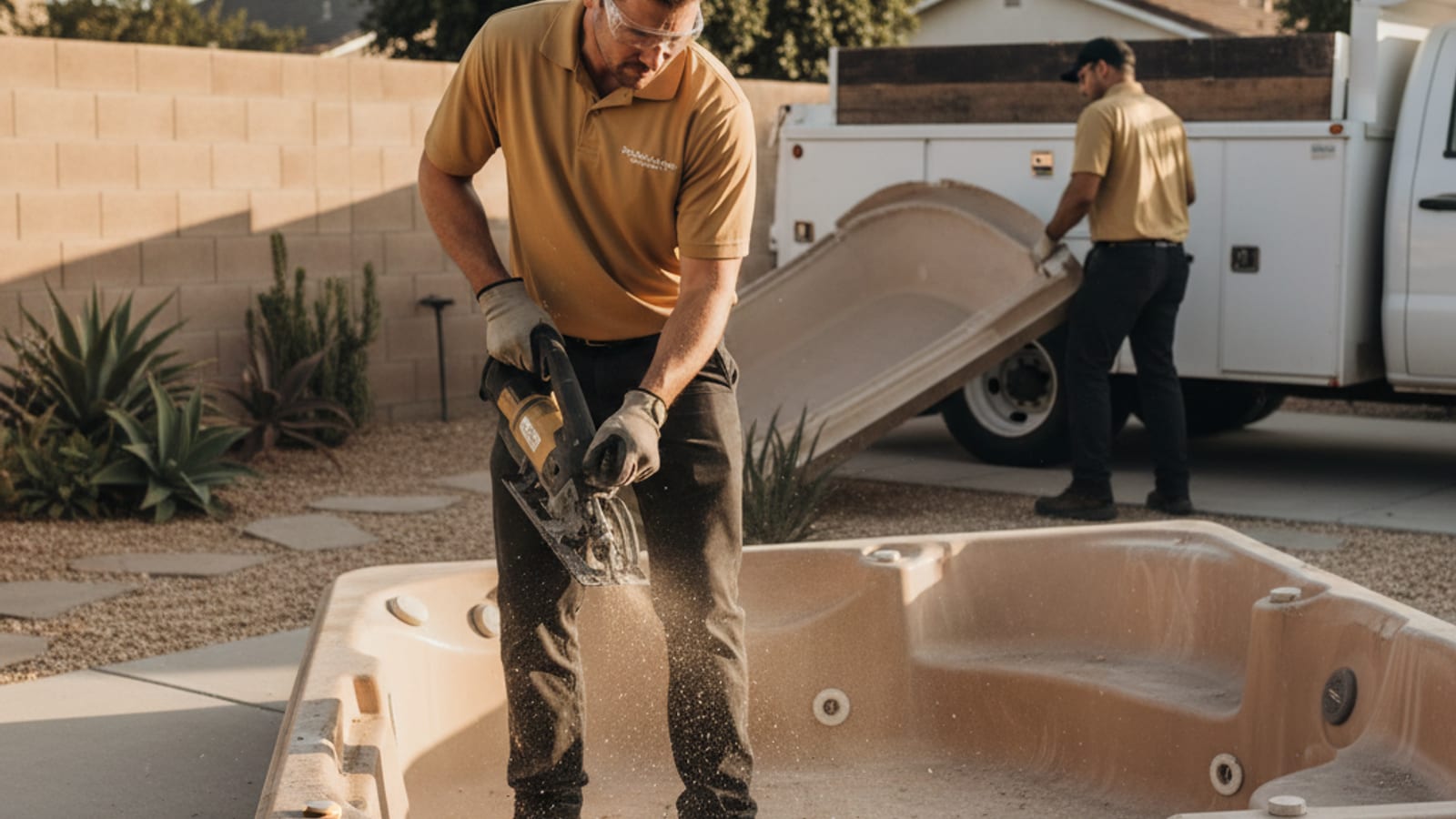 Crew cutting apart a backyard hot tub for removal in a San Diego yard