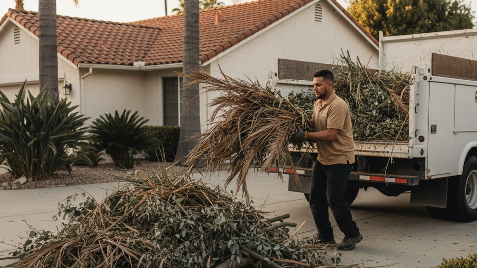 Crew loading palm fronds and trimmed branches onto a green-waste hauling truck in San Diego